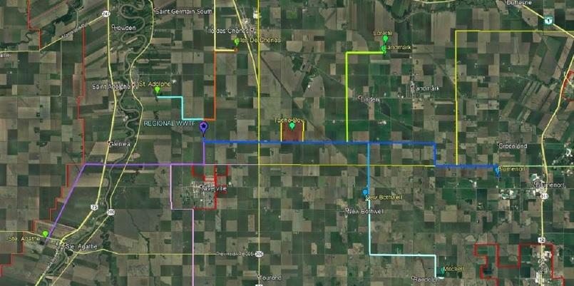 A map showing the proposed treatment plant north of Niverville and its connections to the surrounding communities.