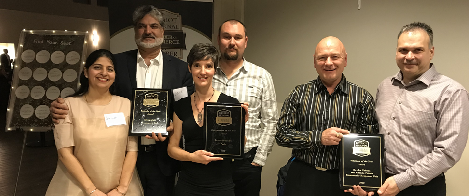 This year’s Business Award winners: Gurvindy and Dave Bhangu of Deva Jatt Transport, Lise and Bruce Bale of Arrowhead RV, and Pierre Leclaire and Bernie Dupuis of the Community Response Unit.