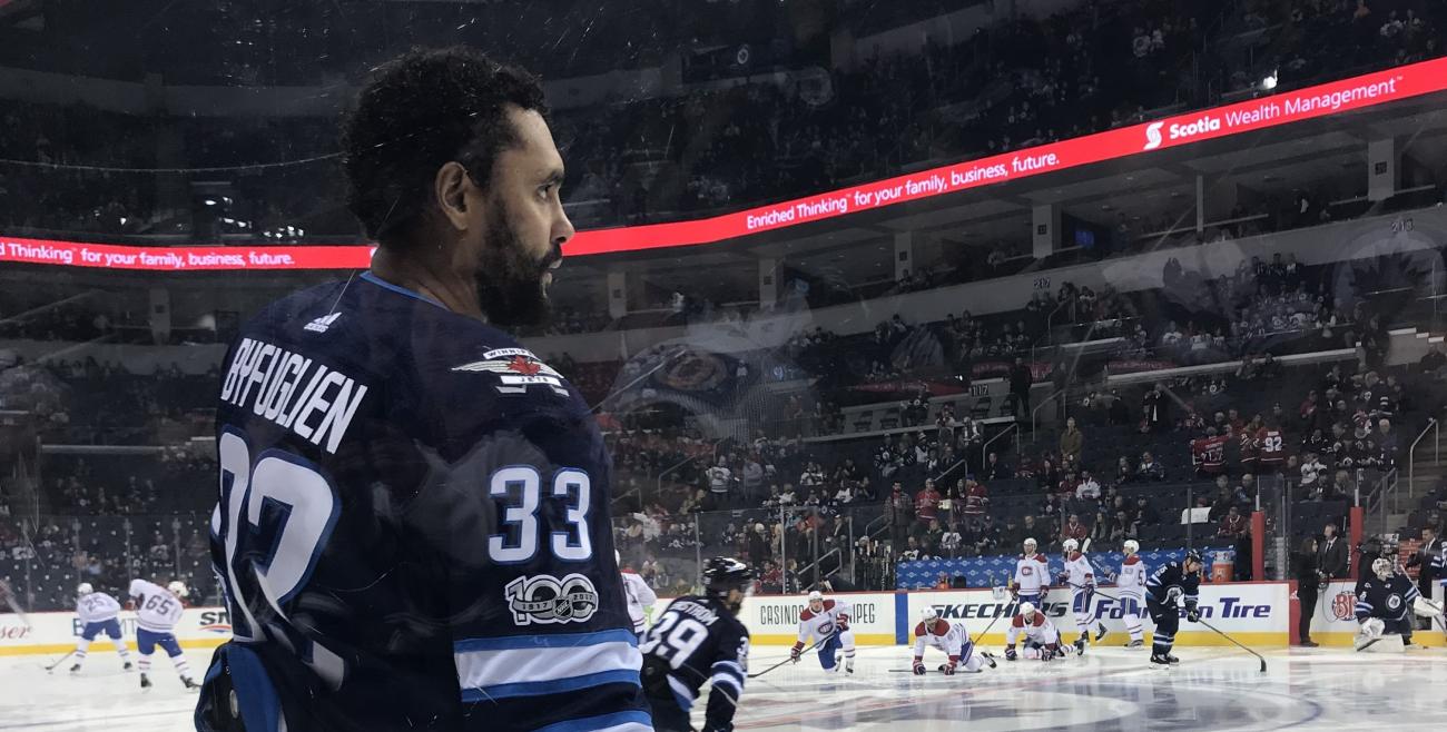 Dustin Byfuglien takes the ice after a long absence due to injury.