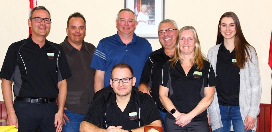 Back row: Councillors Curtis Claydon and Shane Pelletier, CAO Mitch Duvall, Councillors Ron Mamchuk and Janine Boulanger, and Youth Councilor Alexie Lepage. Front: Mayor Chris Ewen.