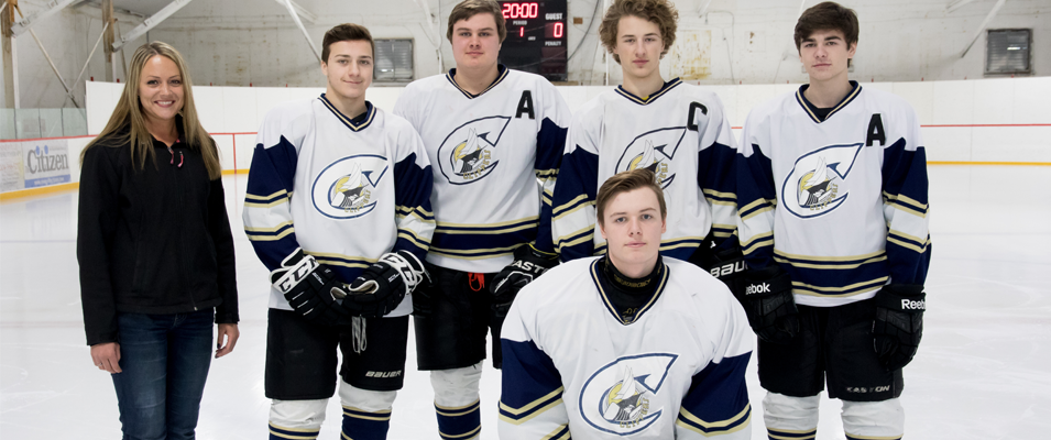 Niverville players participate in Midget All-Star Game: Danielle Hiebert (coach), Logan Unger, Chaseton Long, Bailey Hiebert, Zach Anderson, and goalie Damien Glenham.