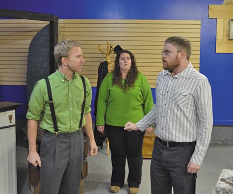 Kyle Barrett Friesen, Meg Pfeifer-Brandt, and Michael Dueck in rehearsals
