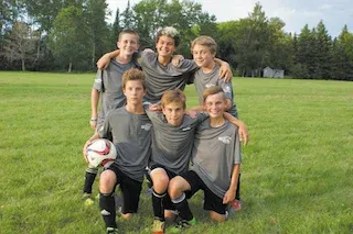 Back row (l-r): Elijah Pastoor (Goalie), Logan Kraus, and Connor Davis. Front row (l-r): Ethan Fehr, Deklan Wiebe, and Brendan Thompson